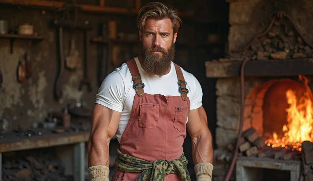 a man without a beard in an open forge. pumped up,  cute , Kind. white tight t-shirt, pale red vest with shoulder straps, beige-brown blacksmith gloves, bandaged camouflage green sweater around the waist. He's a blacksmith . His hair is combed to his left ...