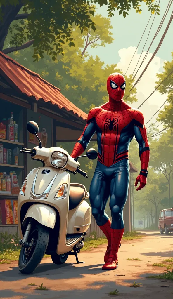 "Create a highly detailed illustration of Spider-Man in his iconic red and black suit, with the black spider logo prominently displayed on his chest, pushing a white Honda Beat scooter that has run out of gas. The scene is set on the side of a highway in a...