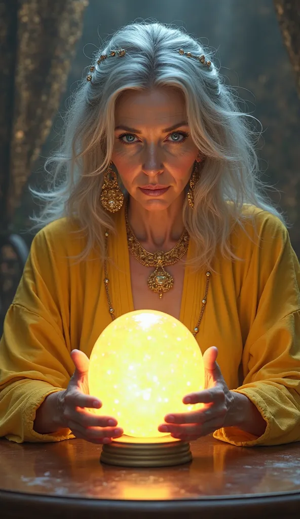 A PSYCHIC HOLDING A CRYSTAL BALL WITH A TABLE IN FRONT OF HER. SHE IS OLD, HAS GRAY HAIR, big blue eyes AND IS VERY PRETTY. SHE'S WEARING YELLOW CLOTHES and WEARING GOLD JEWELRY. 