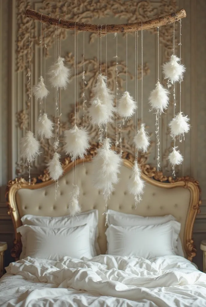 White cataplasks of different sizes, hanging on a stick that are found on the headboard wall of a large bed.
