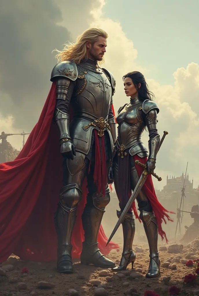 Prince blond guy tall hair standing next to a short girl Black hair  in armor with a sword around the battlefield