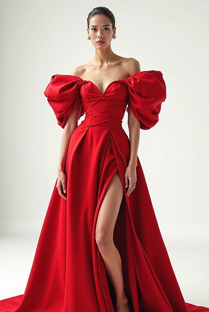 Real image of a model posing in an elegant red dress with metgala-style shoulder pads, white background, Balenciaga and Chanel style dress.