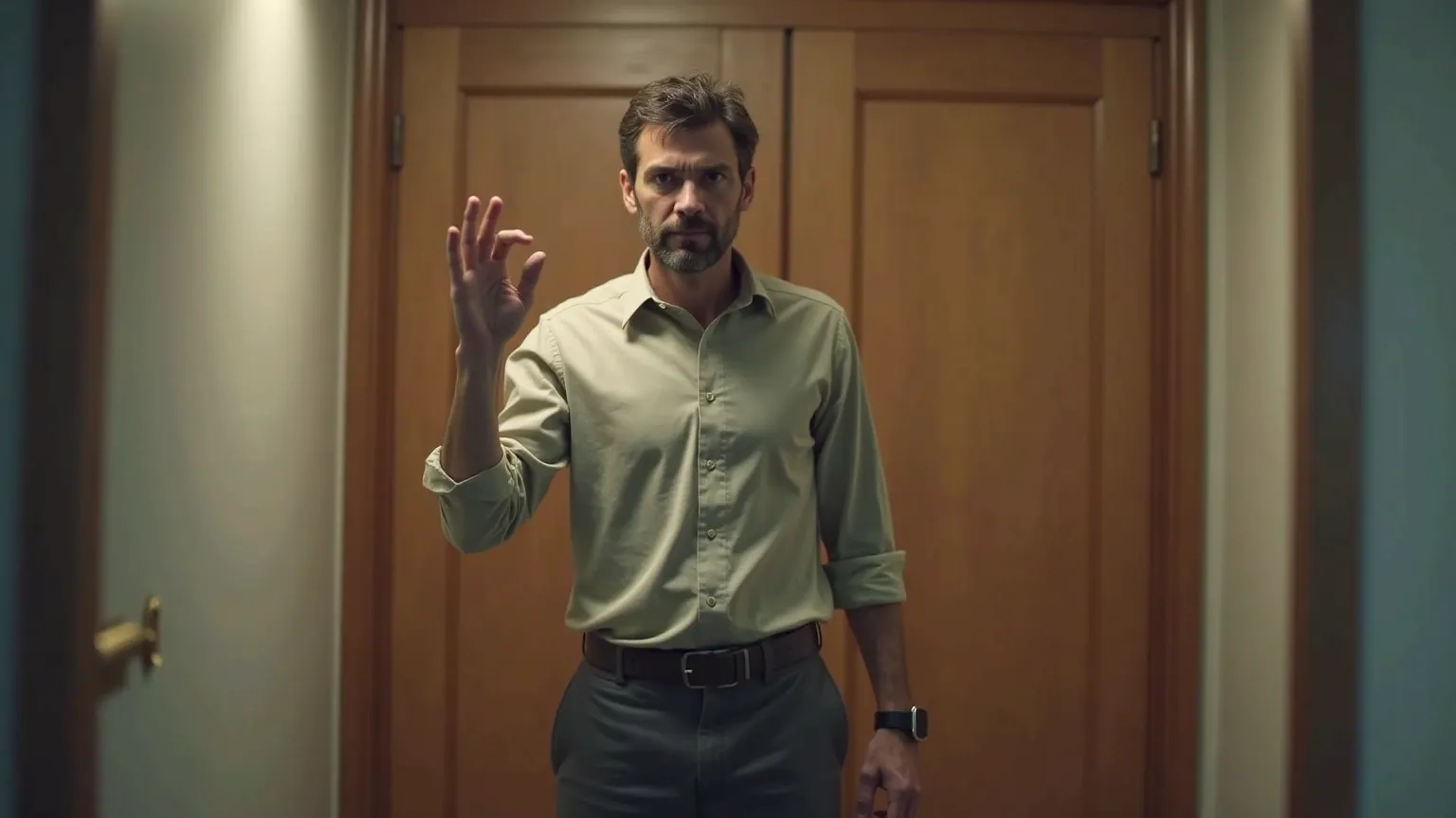 Man stands in front of a closed apartment door, hand raised for a knock. His posture and facial expression give off inner struggle and excitement."  realistic photo