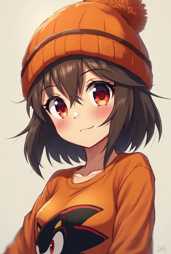 Female anime wearing an orange beanies with large stripes of a darker shade ,with short but slightly long hair with the fringe that is on the right side of brown ,Wearing a Shadow shirt a Sonic character ,shirt with red eyes and with a black head 