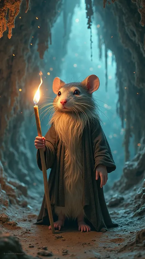 Gandalf but a rat holding a matchstick as a staff in a cave with glowing walls