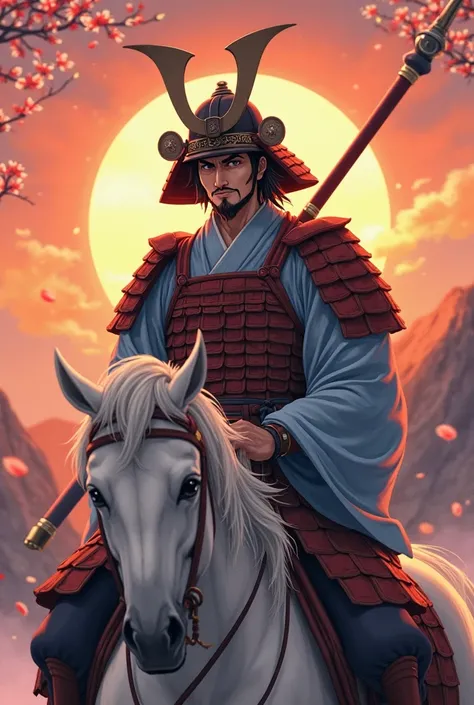 An ancient Japanese samurai in a dramatic anime style, wearing a *Kabuto* helmet adorned with prominent horns, symbolizing power and authority. His face is fully visible, exuding a calm yet intense expression, with sharp, focused eyes and a composed demean...