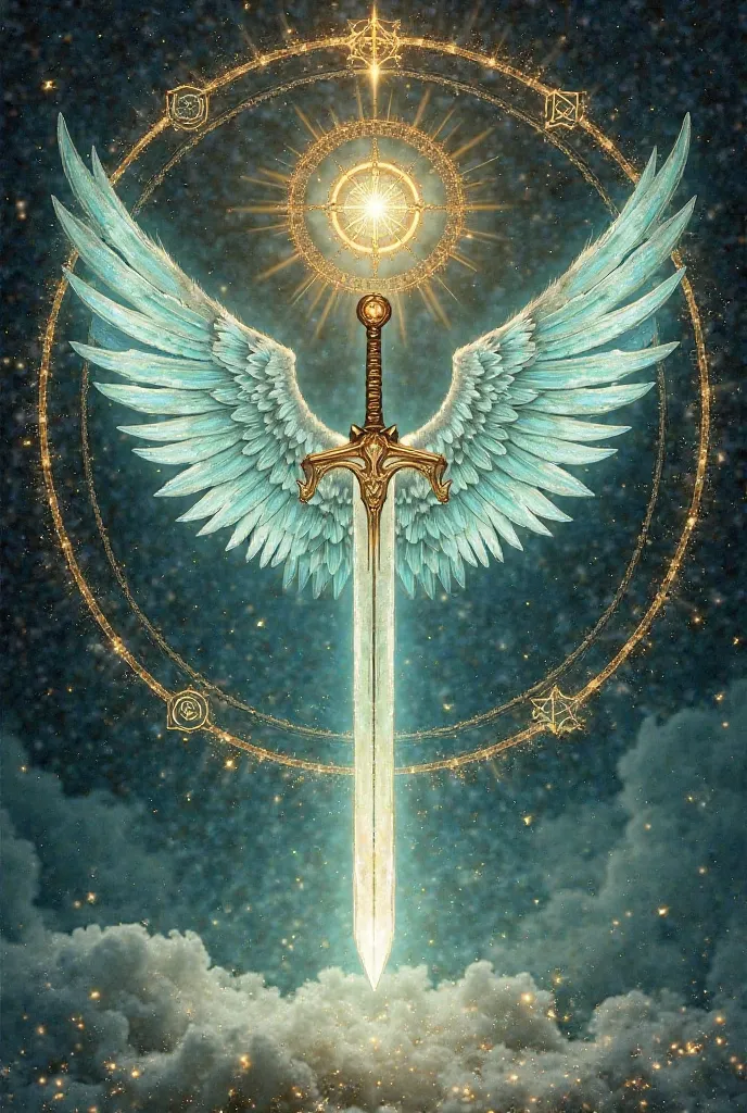 I want to create a tarot card with the following elements: a sword with wings in the color of selenite, floating in an atmosphere where there is a very thin Golden circle that has several geometric symbols outside this ring floating with the symbolism of t...