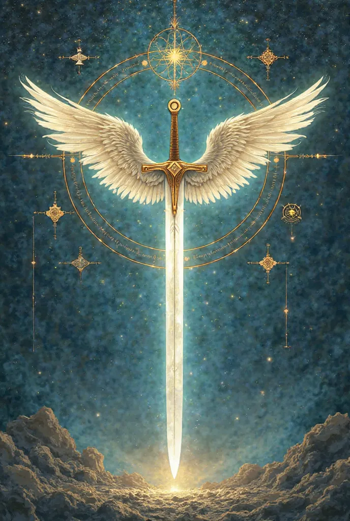 I want to create a tarot card with the following elements: a sword with wings in the color of selenite, floating in an atmosphere where there is a very thin Golden circle that has several geometric symbols outside this ring floating with the symbolism of t...