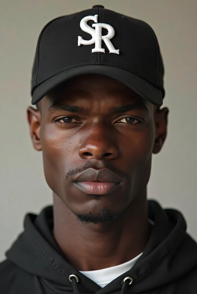 20-year-old man with black skin wearing a black cap with the initials s and r in white on the cap