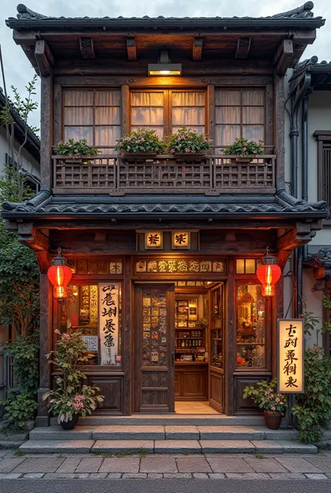 Facade of a typical Japanese restaurant in Kyoto, with Japanese signs, Wood , Lanterns 