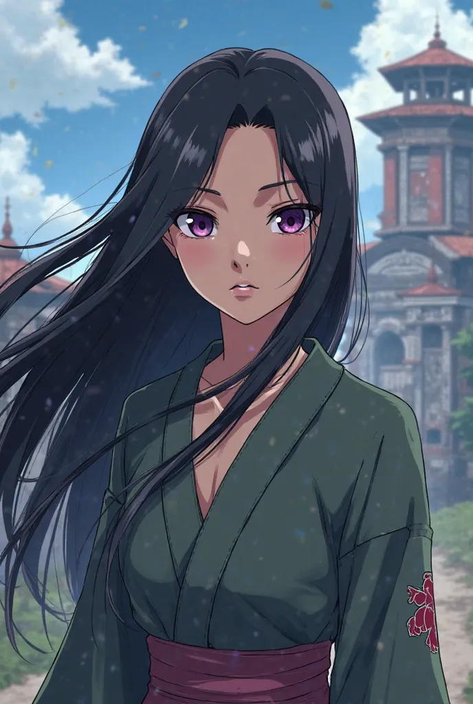 Create a age anime type animated series with the Naruto Leaf Village band, That she has long and loose black hair, With purple eyes that have the office of the Hokage Lady Tsunade in the background 
