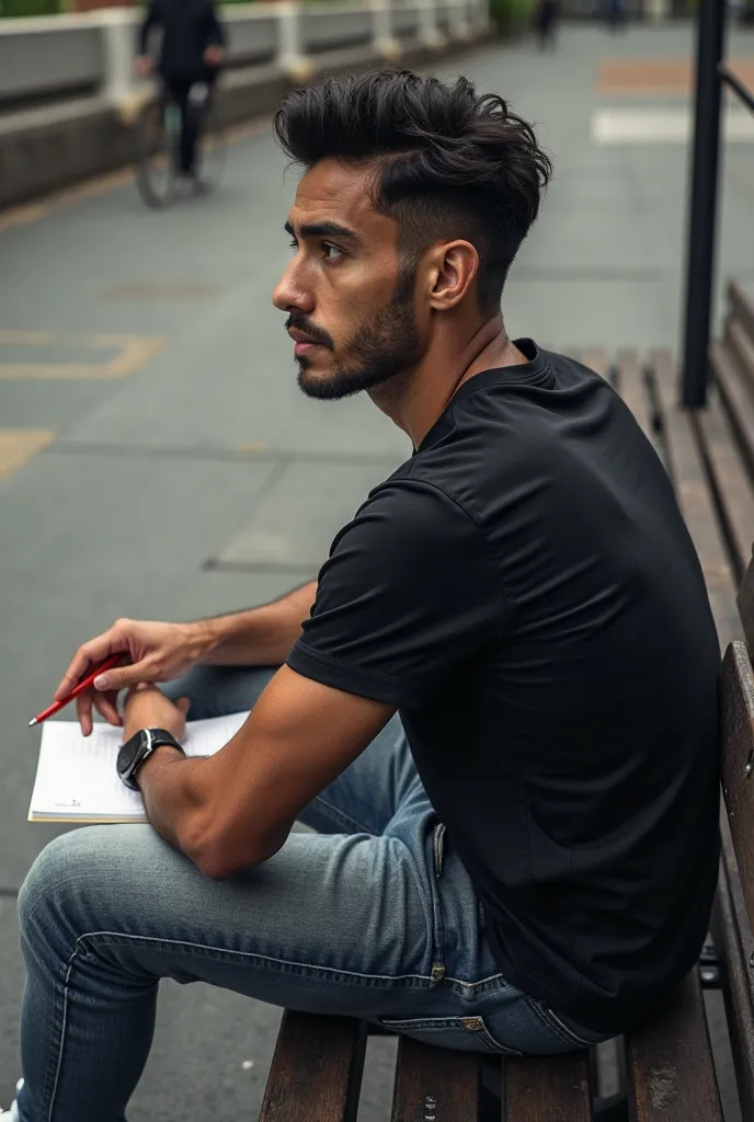 From behind and up view.Joaõ Felix sitting on a public chair wearing black T-shirt and black jeans, Holding a white paper and a red pen