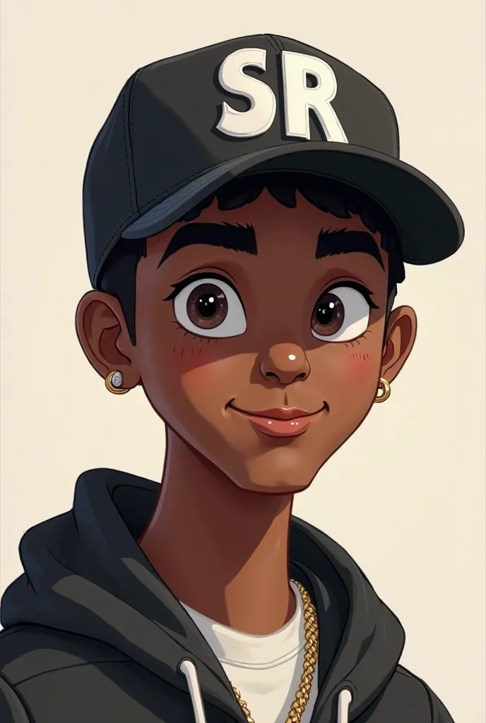 animated 20-year-old man with black skin wearing a black cap with the initials s and r in white on the cap
