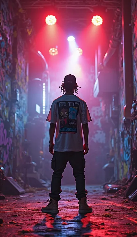 Design an illuminated stage with a silhouette of a rapper wearing a t-shirt that refers to freedom, with graffiti and blurred lights in the background to express energy and controversy.