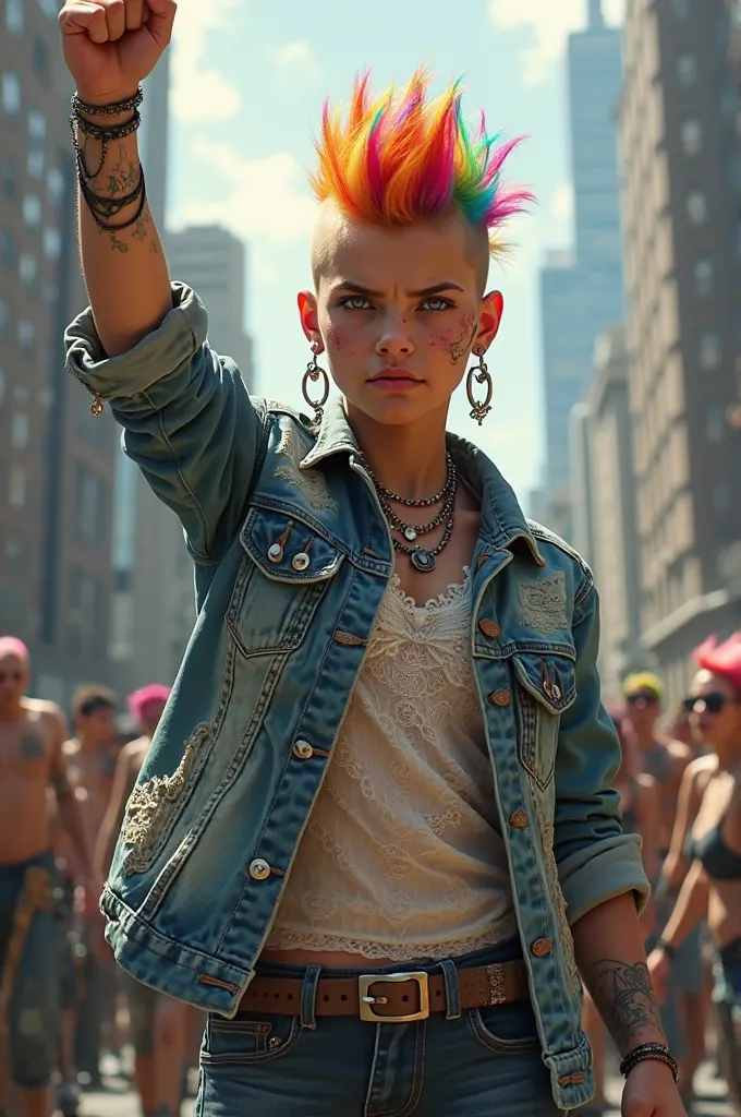 Punk boy with flowing colorful mohawk, denim jacket and lace shirt, Protesting 