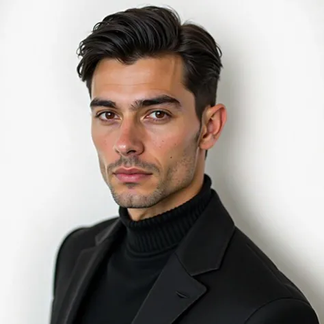 Take a natural photo of a super realistic 25-year-old beautiful europe boy in 4K, with short black hair and dark brown eyes and elegantly dressed in black on a white wall and half-length photo