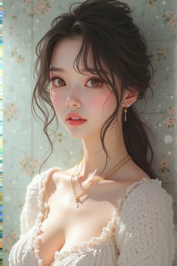 
( super real), (shape), (Hi-Res), (8k), (very detailed), (Best shape), (Big beautiful double eyelids), (Highest quality), (very detailedな), (masterpiece), (wallpaper), (detailed face),  white knit dress、bathroom、A clear background、 summary hair 、earrings、...