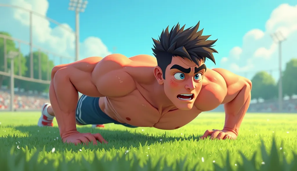 Animated image of a disciplined young man doing push ups ona field. Let the colors be vibrant