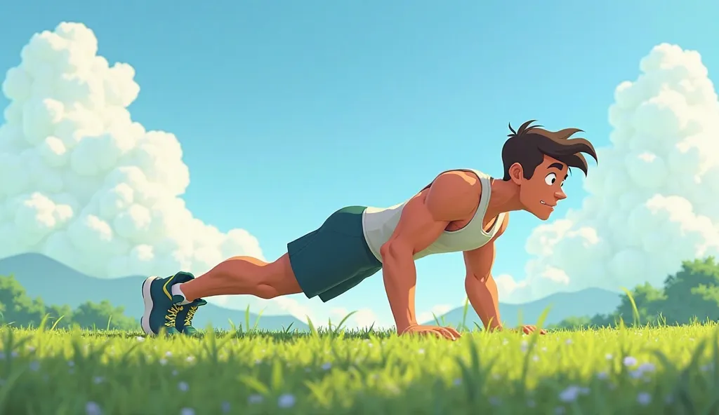 Animated image and side view of a disciplined young man doing push ups ona field. Let the colors be vibrant