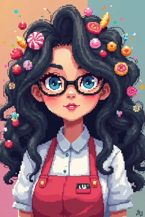 Create a Pixel-style pastry chef Negra long curly hair wears glasses lots of candies colored on her hair very colorful and with a lot