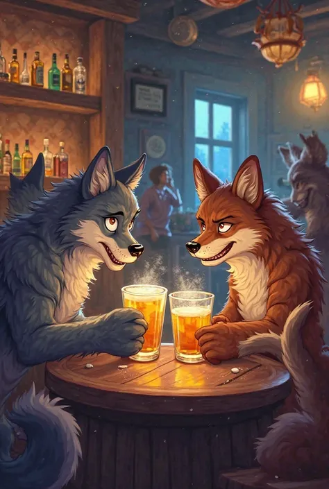 Cartoon wolf mob drinking a glass of drink 