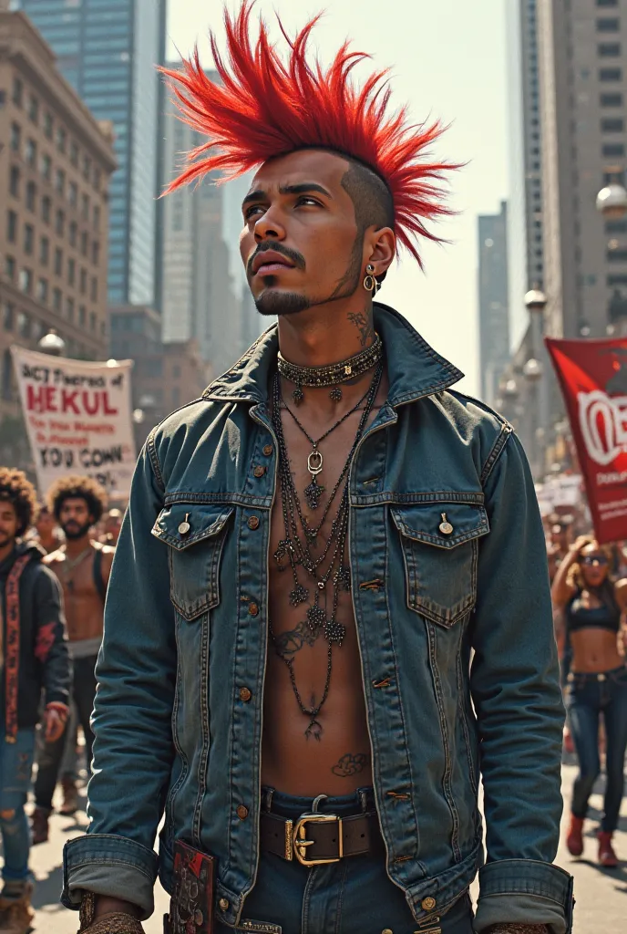 Punk man with flowing colorful mohawk, denim jacket and lace shirt, Protesting 