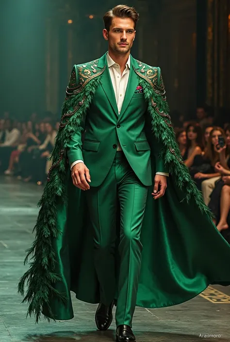 A handsome skinny tall white elegant man in a majestic green suit with a cape of peacock feather fabric at a fashion show