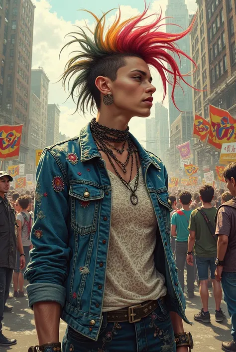 Punk man with flowing multicolored mohawk, denim jacket and lace shirt, Protesting 