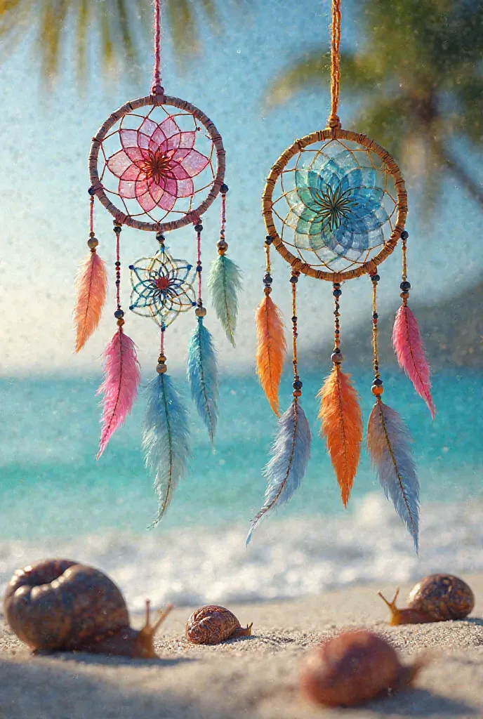 Dreamcatchers in vibrant colors and in different sizes, hanging. In the background of the beach you can see snails and the foam of the water
