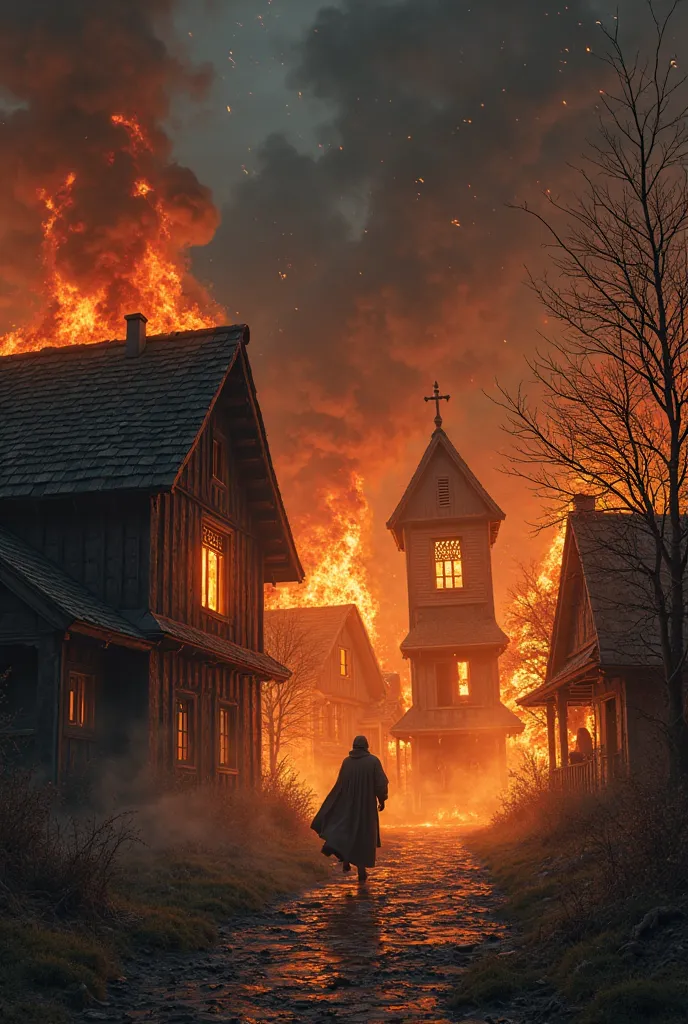 A wooden bell tower burning at its base, a wooden church on fire at its base and a fully burning 2-story wooden mansion, a priest escaping through the mansion window. night in the background. 