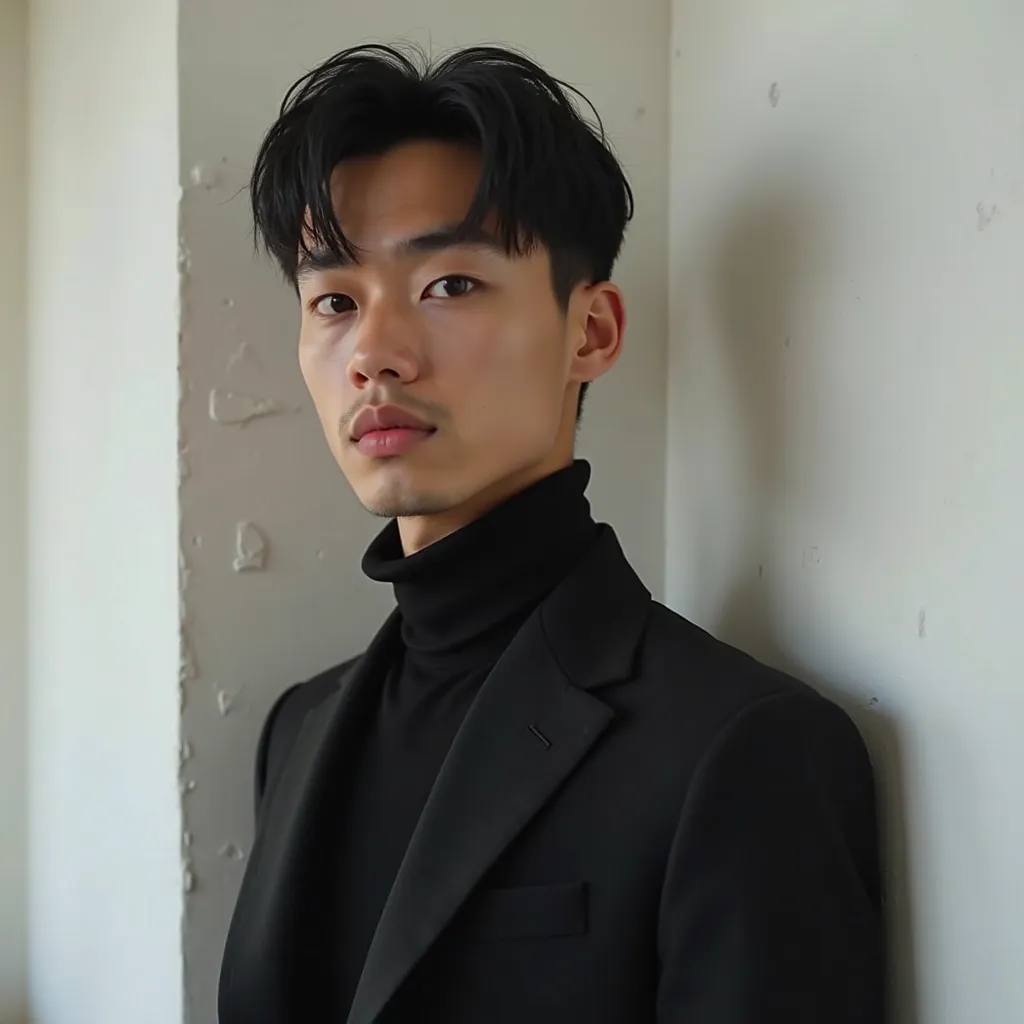 Take a influencer cinematic photo of a super realistic 25-year-old europe boy in 4K, with short black hair and dark brown eyes and elegantly dressed in black on a white wall and half-length photo, No beard and perfect skin