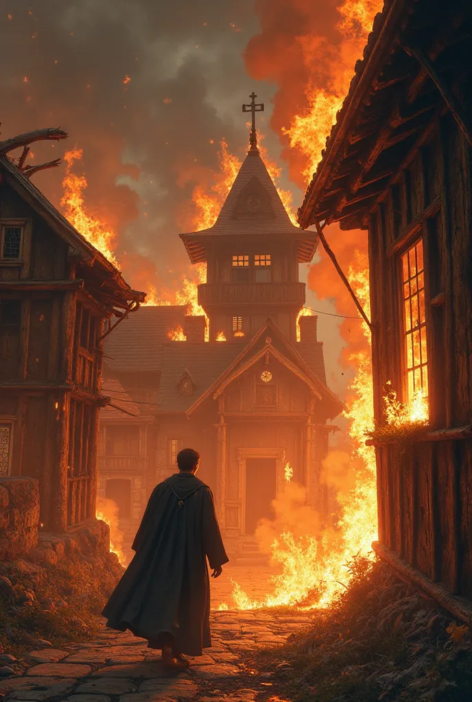 A wooden bell tower on fire at its base, a wooden church on fire at its base and a fully burning 2-story wooden mansion, a priest escaping through the mansion window. night in the background. 