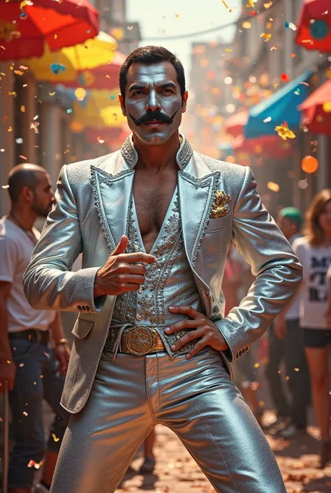 create a funny image of the character "freddie mercury prateado" by comedian Eduardo Esterblicht at Carnival
