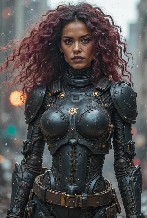 his body is a heavily armored combat cyborg. Warrior woman with menacing face, her hair is plum and curly. A soldier who saves the world from destruction. Science fiction design me a novel cover poster with this theme