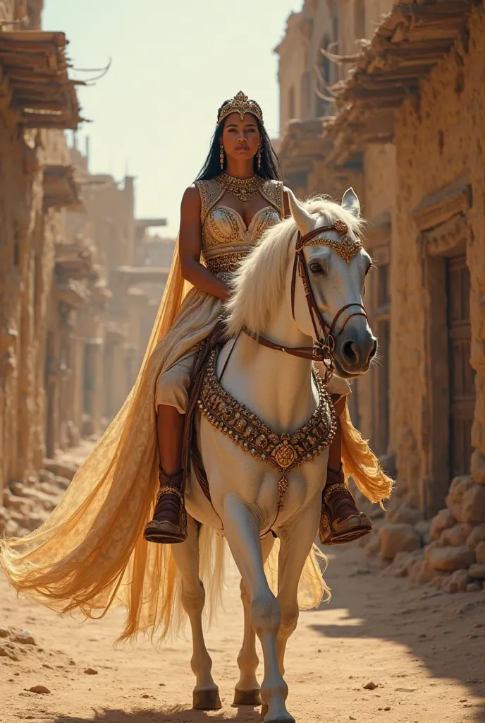 Queen Shebaad rides on her white horse, walks around one of the ancient villages of Babylon, wearing a sexy and beautiful dress