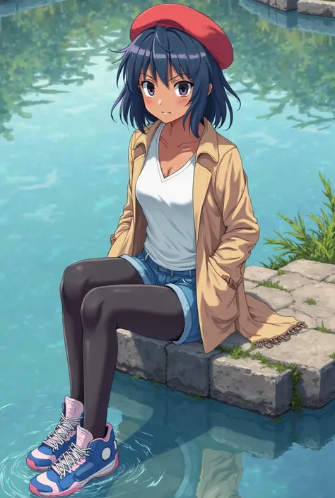 Anime girl, brown skin, stern expression, one eye closed, shoulder-length dark blue hair, smal red berret, white T-Shirt with V-neck, beige coat, hands in the pockets, Jeans shorts, black pantyhose, blue Basketball shoes with pink stripe on the top and whi...