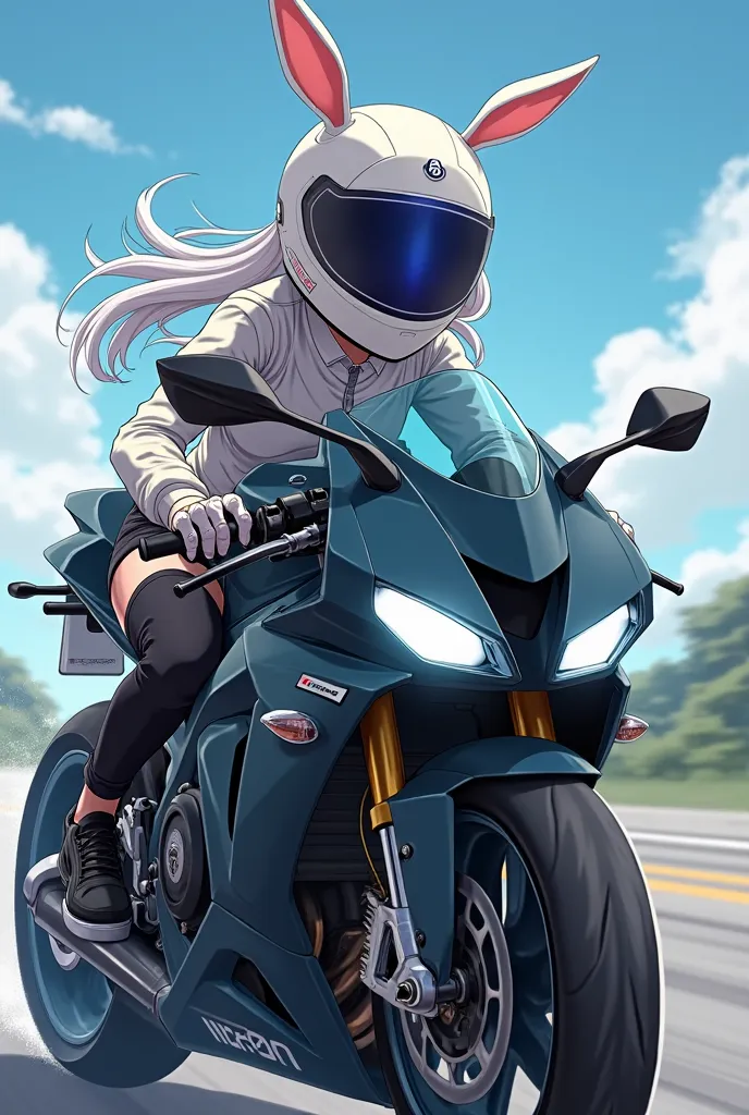 an image with an anime-style girl with white hair, white motorcycle helmet with dark bluish visor and that has rabbit ears on a sports bike and that the motorcycle is black and the image is horizontal