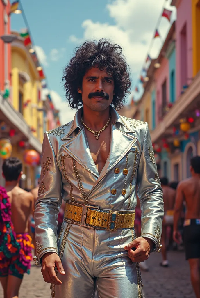 Make an image of comedian Eduardo Sterblicht playing silver Freddie Mercury at Carnival