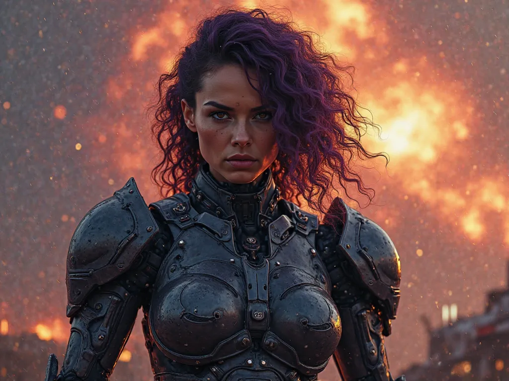 his body is a heavily armored battle cyborg. Her face is a menacing warrior woman, her hair is plum and curly. A soldier who saves the world from destruction. In the background, an artificial cascade in space has blown up the earth's atmosphere and looks a...