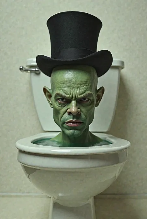 a bald green skinned man with a black top hat . head in the toilet . coming out of the toilet . only head showing . JUST HEAD SHOWING . SKIBIDI TOILET . skibidi . REALISTIC . zoom out