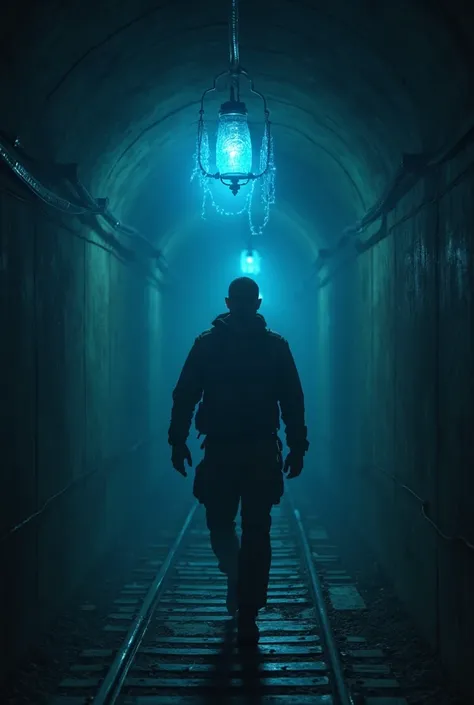 A man in gear holds a blue glowing lantern walking into a dark subway tunnel The picture should be drawn in a minimalist style 