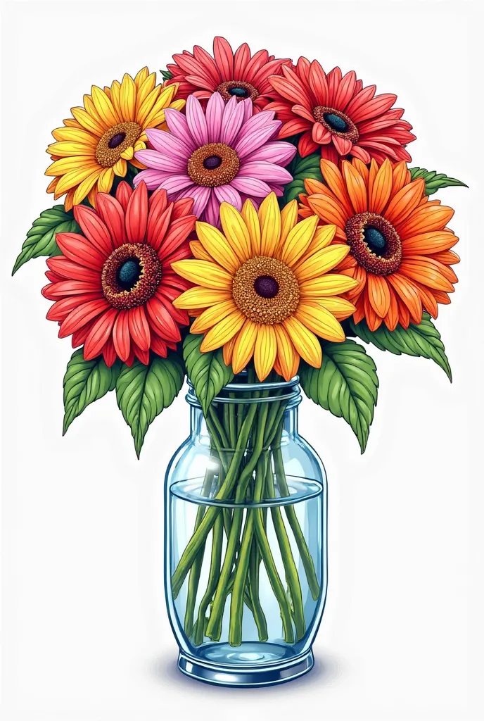 A coloring page of a gerbera bouquet inside a transparent pot