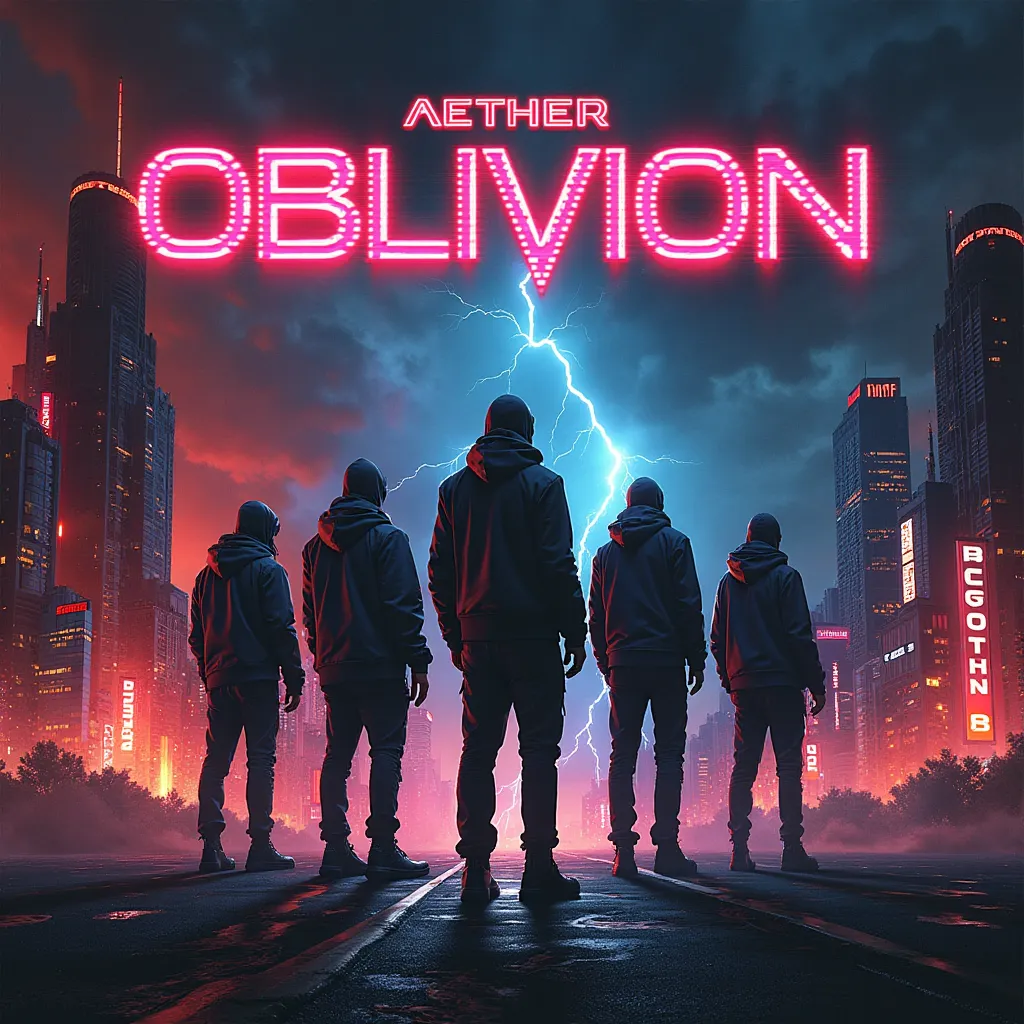 A bold, high-impact K-pop album cover for ‘OBLIVION’ by AETHER. The theme is dark, intense, and rebellious, blending cyberpunk and dystopian aesthetics. The cover showcases a burning neon cityscape with towering skyscrapers, glowing in shades of deep red, ...