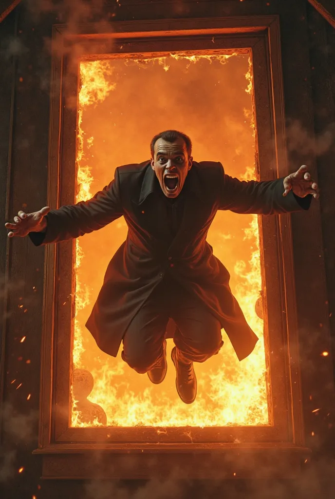 A priest with a terrified face on his face. Leaping through a window of a wooden mansion in.Flames through the fire. 