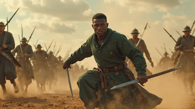 A western swordsman,  short-haired black, in dark green clothes, crouched in the middle of a dust-filled battlefield, wielding a sword with a sharp gaze. Behind him, a large army of armed men on the run attacked him, creates an epic atmosphere of warfare. ...