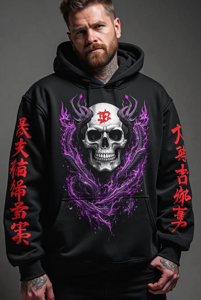 A black sweatshirt with a skull tattooed on the forehead images of dragons with purple flames and black horns and above say the word commander of division 07 and on the sleeves say commander in red letters and in Chinese 