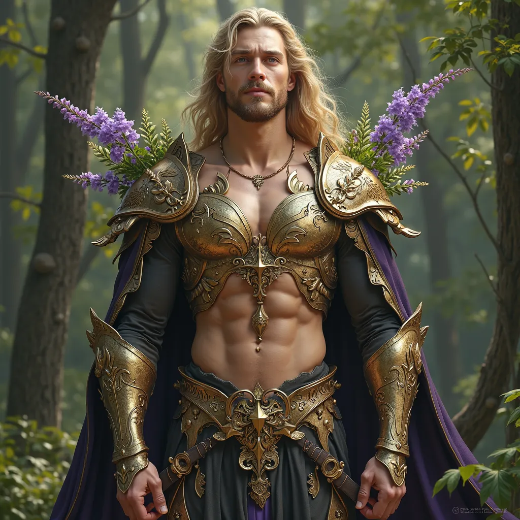 Create a full body image of a celestial male handsome masculine male with very full plump luscious lips, bright purple eyes, body strong masculine fantasy prince he is the God of the trees and nature but dont make him a tree he is still a human but instead...