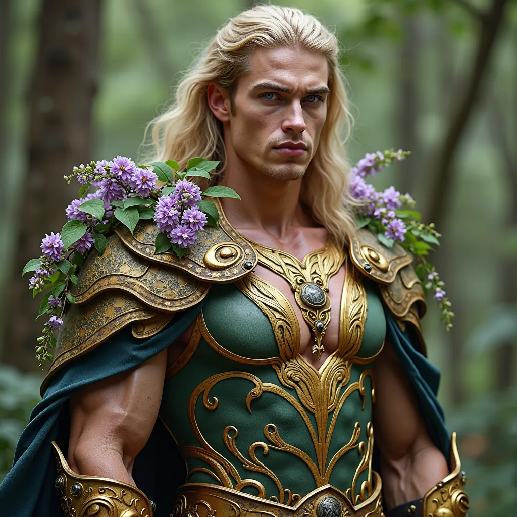 Create a full body image of a celestial male handsome masculine male with very full plump luscious lips, bright purple eyes, body strong masculine fantasy prince he is the God of the trees and nature but dont make him a tree he is still a human but instead...