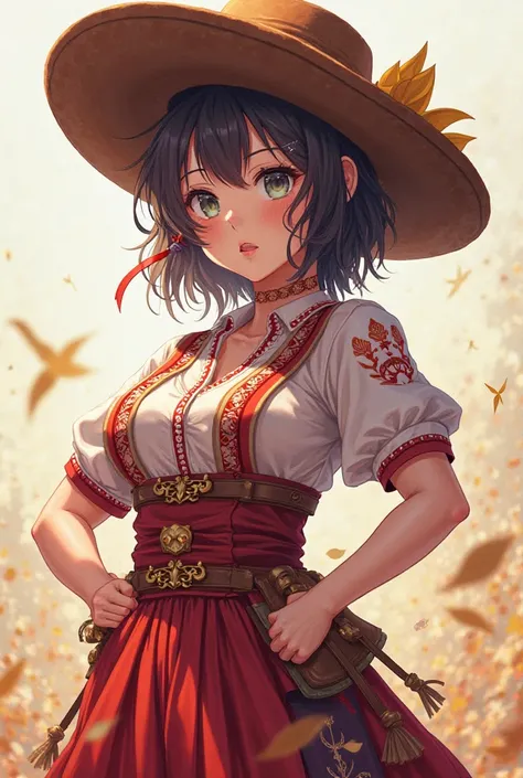 A highly detailed anime-style illustration of Hoshimi Miyabi from Zenless Zone Zero wearing a traditional Brazilian gaúcha outfit: a bombacha, a camisa com lenço vermelho no pescoço, botas de couro, and a large gaucho hat. Full-body portrait, highly detail...