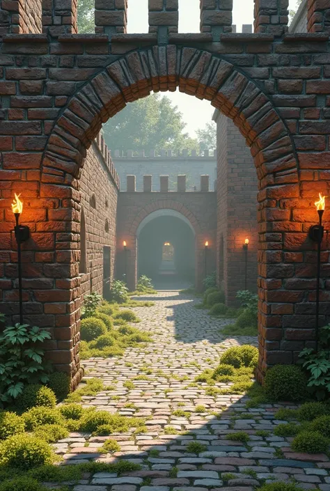 Create a medieval brick parade with some moss ground on bricks in the center an arc with a little depth and torches in pairs 